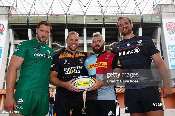 The captains of the four London clubs, left to right George Skivington of London Irish, James Haskell of Wasps, Joe Marler of Harlequins and Alistair...