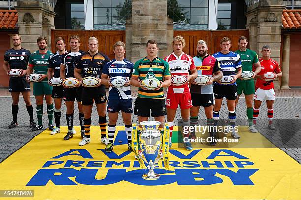 Captain Alistair Hargreaves of Saracens, Captain Geoff Parling of Leicester Tigers, Captain Will Welch of Newcastle Falcons, Captain Dean Mumm of...