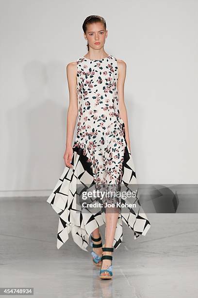 Model walks the runway at the Suno show during Mercedes-Benz Fashion Week Spring 2015 at Center 548 on September 5, 2014 in New York City.