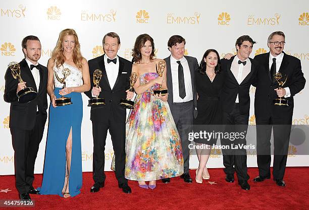 Actors Aaron Paul, Anna Gunn, Bryan Cranston, Betsy Brandt, Jesse Plemons, Laura Fraser and RJ Mitte, winners of Outstanding Drama Series Award,...