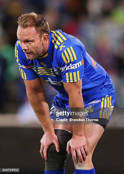 David Gower of the Eels shows his dejection at full time during the round 26 NRL match between the Canberra Raiders and the Parramatta Eels at GIO...