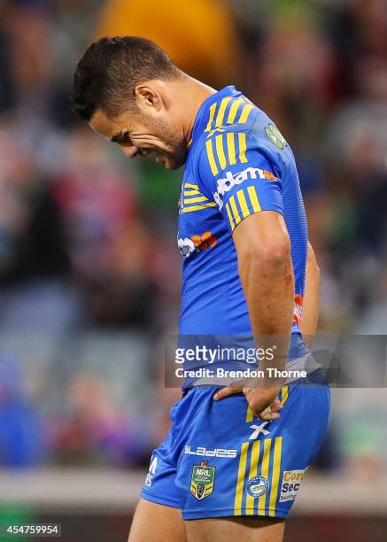 Jarryd Hayne of the Eels shows his dejection at after conceding a try during the round 26 NRL match between the Canberra Raiders and the Parramatta...