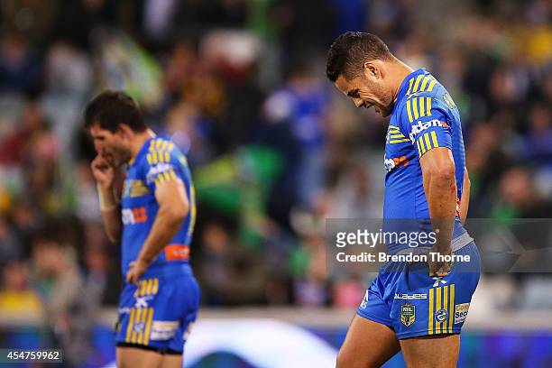 Jarryd Hayne of the Eels shows his dejection at full time during the round 26 NRL match between the Canberra Raiders and the Parramatta Eels at GIO...