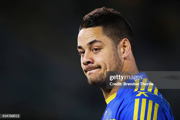 Jarryd Hayne of the Eels shows his dejection at full time during the round 26 NRL match between the Canberra Raiders and the Parramatta Eels at GIO...