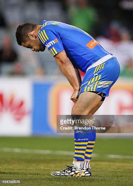 Jarryd Hayne of the Eels shows his dejection at after conceding a try during the round 26 NRL match between the Canberra Raiders and the Parramatta...