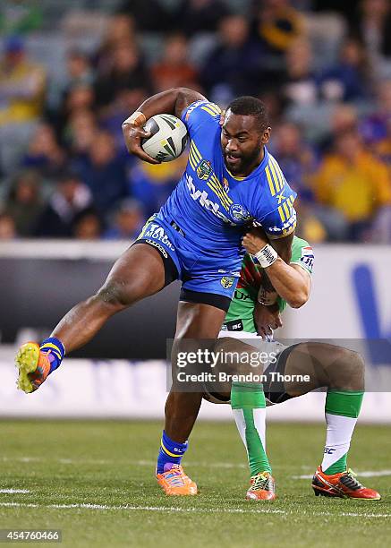 Semi Radradra of the Eels runs the ball during the round 26 NRL match between the Canberra Raiders and the Parramatta Eels at GIO Stadium on...