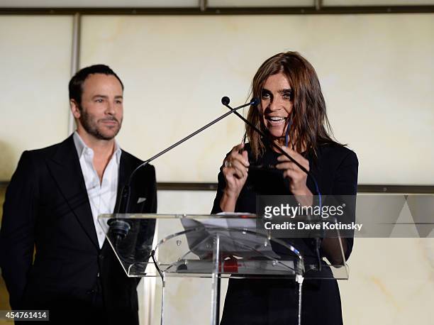 Tom Ford and Carine Roitfeld speaks at The Daily Front Row Second Annual Fashion Media Awards at Park Hyatt New York on September 5, 2014 in New York...