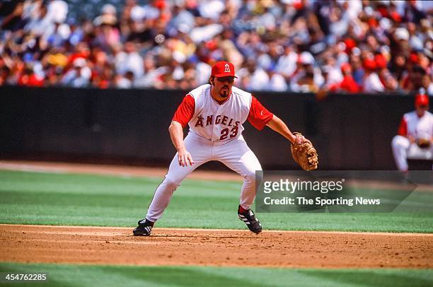 Scott Spiezio of the Anaheim Angels during the game against the Oakland Athletics on April 14, 2002 at Edison Field in Anaheim, California.