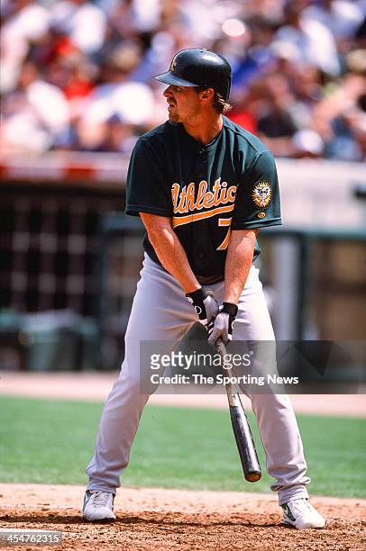 Jeremy Giambi of the Oakland Athletics bats during the game against the Anaheim Angels on April 14, 2002 at Edison Field in Anaheim, California.
