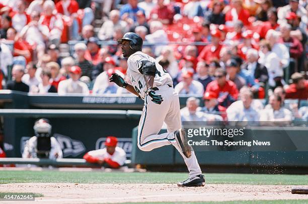 Preston Wilson of the Florida Marlins bats during the game against the St. Louis Cardinals on May 2, 2002 at Busch Stadium in St. Louis, Missouri.
