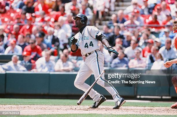 Preston Wilson of the Florida Marlins bats during the game against the St. Louis Cardinals on May 2, 2002 at Busch Stadium in St. Louis, Missouri.