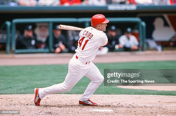 Miguel Cairo of the St. Louis Cardinals bats during the game against the Florida Marlins on May 2, 2002 at Busch Stadium in St. Louis, Missouri.