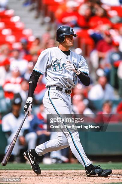 Andy Fox of the Florida Marlins bats during the game against the St. Louis Cardinals on May 2, 2002 at Busch Stadium in St. Louis, Missouri.