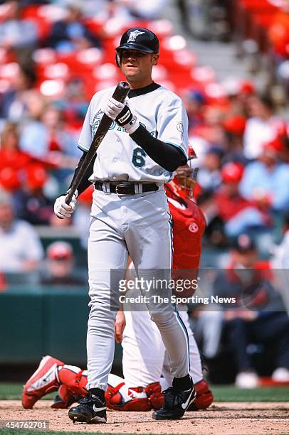 Andy Fox of the Florida Marlins bats during the game against the St. Louis Cardinals on May 2, 2002 at Busch Stadium in St. Louis, Missouri.
