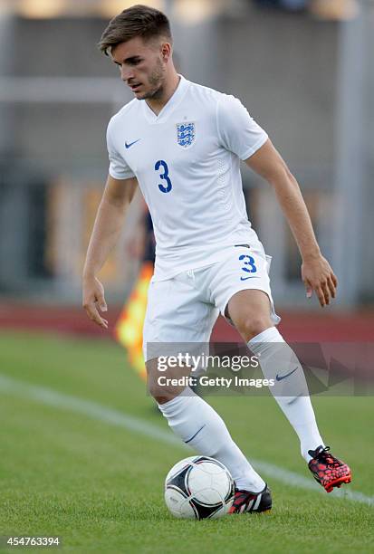 Luka Garbutt of England in action during the Lithuania v England UEFA U21 Championship Qualifier 2015 match at Dariaus ir Gireno Stadionas on...