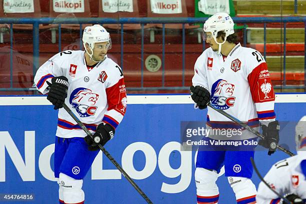 Luca Cunti and Roman Wick of Zurich Lions in action during the Champions Hockey League group stage game between Valerenga Oslo and ZSC Lions Zurich...