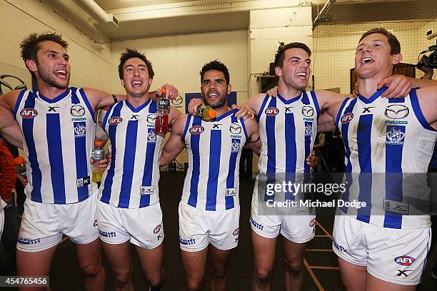 Jamie Macmillan, Sam Wright, Daniel Wells, Luke McDonald and Nick Dal Santo of the Kangaroos during the Second Elimination AFL Final match between...