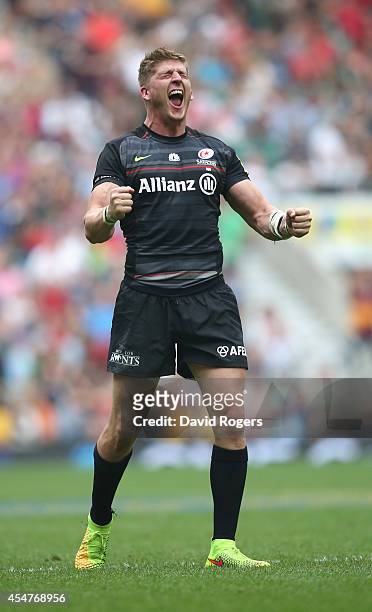 David Strettle of Saracens celebrates after scoring the match winning try during the Aviva Premiership match between Saracens and Wasps at Twickenham...