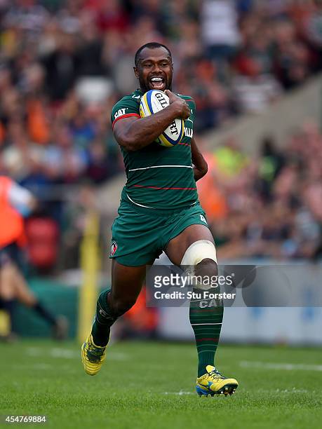Tigers winger Vereniki Goneva runs in his third try during the Aviva Premiership match between Leicester Tigers and Newcastle Falcons at Welford Road...