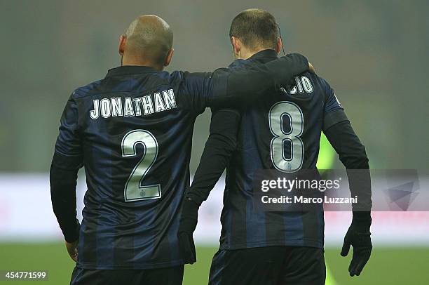 Rodrigo Palacio of FC Internazionale Milano celebrates his goal with team-mate Cicero Moreira Jonathan during the Serie A match between FC...