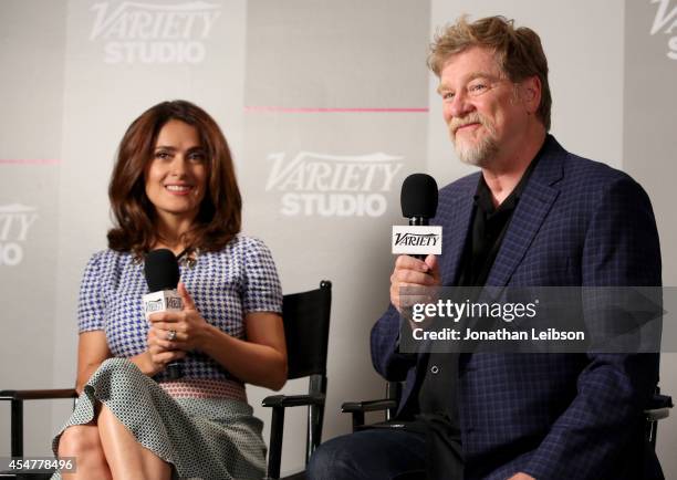 Actress Salma Hayek and director/writer Roger Allers attend day 2 of the Variety Studio presented by Moroccanoil at Holt Renfrew during the 2014...