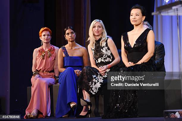 Jury members Sandy Powell, Jhumpa Lahiri, Jessica Hausner and Joan Chen attend the Closing Ceremony during the 71st Venice Film Festival at Sala...