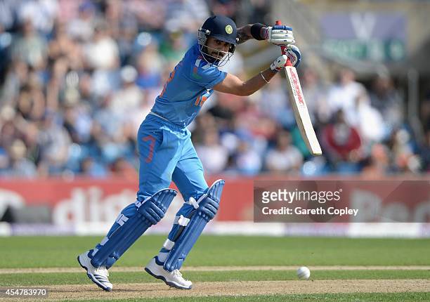Virat Kohli of India bats during the 5th Royal London One Day International between England and India at Headingley on September 5, 2014 in Leeds,...