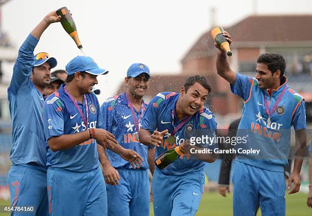 Stuart Binny of India celebrates after winning the Royal London One Day International series between England and India at Headingley on September 5,...