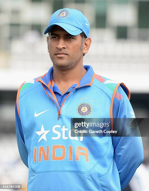 Mahendra Singh Dhoni of India during the 5th Royal London One Day International between England and India at Headingley on September 5, 2014 in...