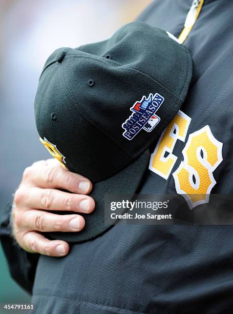 Detailed view of a Postseason cap during Game Four of the National League Division Series between the St. Louis Cardinals and the Pittsburgh Pirates...