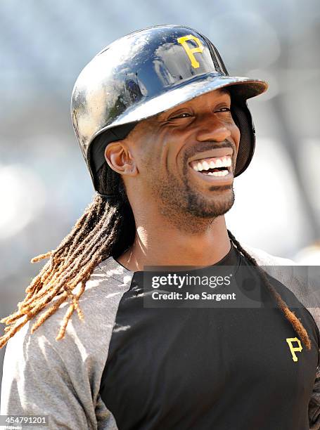 Andrew McCutchen of the Pittsburgh Pirates takes batting practice prior to Game Four of the National League Division Series against the St. Louis...