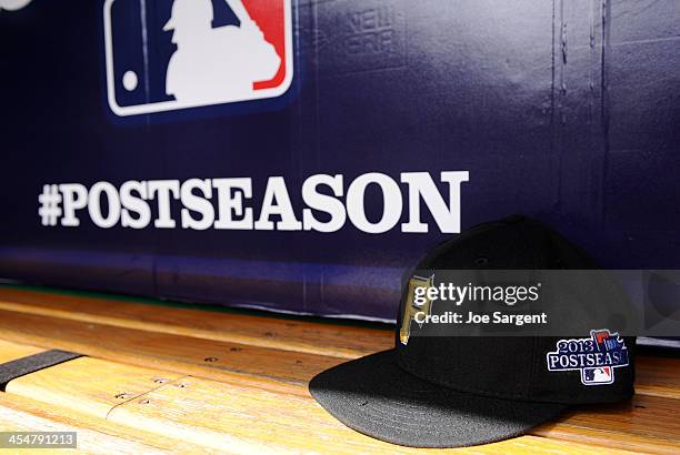 Detailed shot of a Pittsburgh Pirates postseason hat prior to Game Four of the National League Division Series between the Pittsburgh Pirates and the...