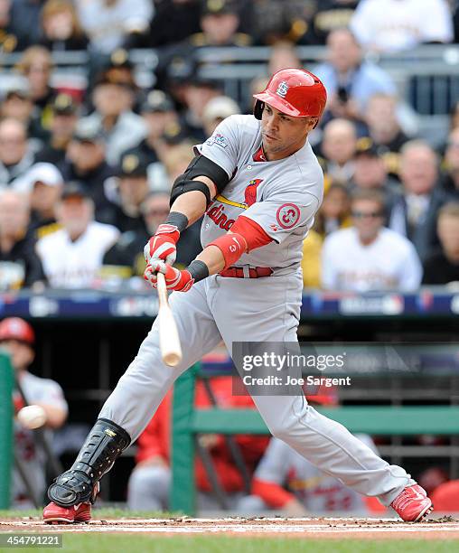 Carlos Beltran of the St. Louis Cardinals bats during Game Four of the National League Division Series against the Pittsburgh Pirates on Monday,...