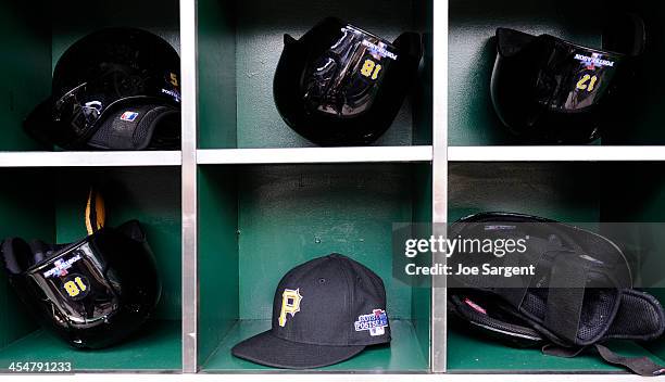 Detailed shot of a Pittsburgh Pirates postseason hat during Game Four of the National League Division Series between the Pittsburgh Pirates and the...