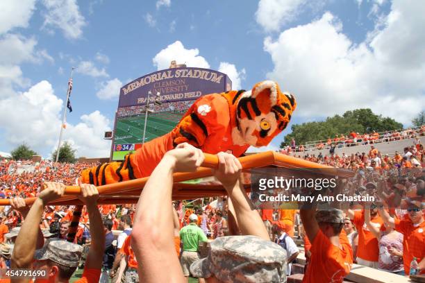 Clemson Mascot The Tiger does his push ups after they scored a touchdown during the first quarter against the South Carolina State Bulldogs on...