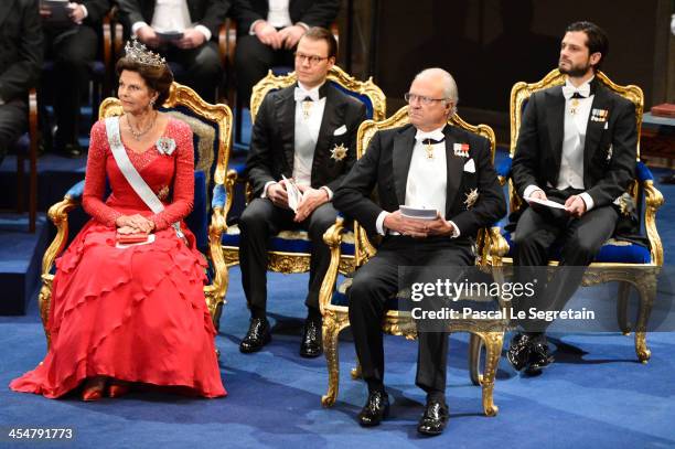 Queen Silvia of Sweden, Prince Daniel of Sweden, King Carl XVI Gustaf of Sweden and Prince Carl Philip of Sweden attend the Nobel Prize Awards...