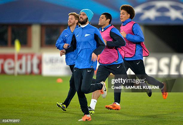 Zenit St Petersburg players take part in a training session at Erns Happel stadium in Vienna on December 10 on the eve of the UEFA Champions League...