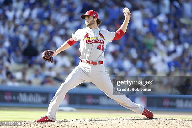 Kevin Siegrist of the St. Louis Cardinals pitches during Game Five of the National League Championship Series against the Los Angeles Dodgers on...