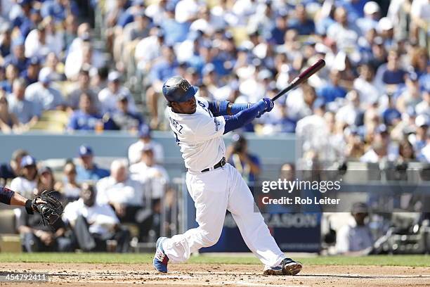 Hanley Ramirez of the Los Angeles Dodgers bats during Game Five of the National League Championship Series against the St. Louis Cardinals on October...