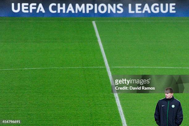 Celtic manager Neil Lennon looks on during a training session ahead their UEFA Champions League Group H match between FC Barcelona and Celtic FC at...
