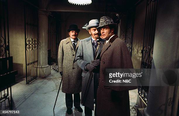 Sherlock Holmes in New York" -- Pictured: Patrick Macnee as Doctor Watson, Gig Young as Mortimer McGrew, Roger Moore as Sherlock Holmes --