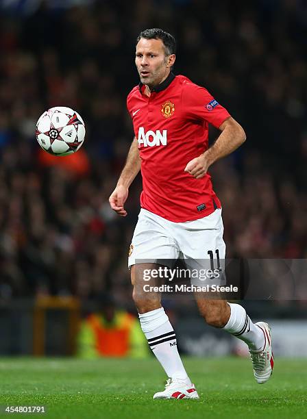 Ryan Giggs of Manchester United in action during the UEFA Champions League Group A match between Manchester United and Shakhtar Donetsk at Old...