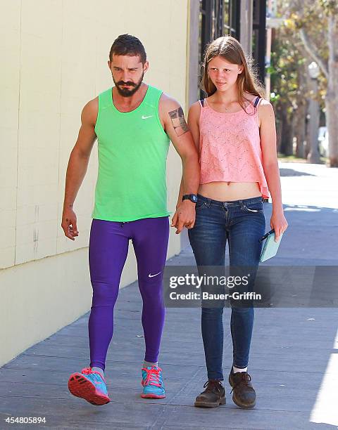 Shia Labeouf and Mia Goth are seen on September 06, 2014 in Los Angeles, California.