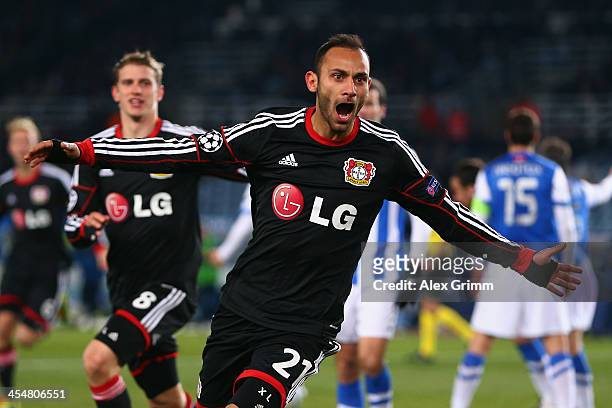 Oemer Toprak of Leverkusen celebrates his team's first goal during the UEFA Champions League Group A match between Real Sociedad de Futbol and Bayer...