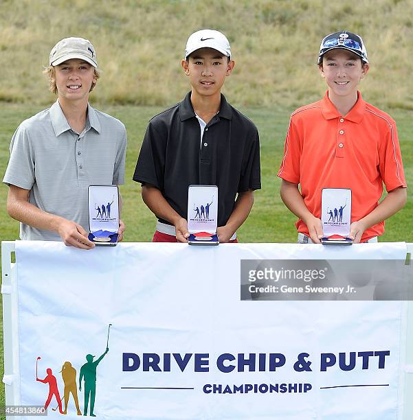 Winners in the boys 14-15 chip category first place Triston Gardner, tied for second are Sean Kato and Nate Stember at the Drive Chip and Putt...