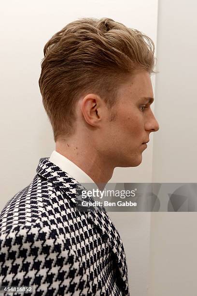 Model poses backstage at the Sherman Preston Presentation during Mercedes-Benz Fashion Week Spring 2015 at the Curator Gallery on September 6, 2014...
