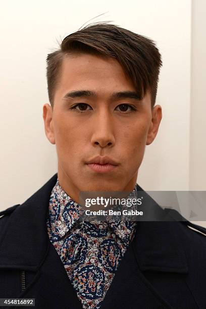 Model poses backstage at the Sherman Preston Presentation during Mercedes-Benz Fashion Week Spring 2015 at the Curator Gallery on September 6, 2014...