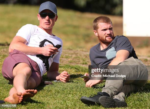 Liam Anthony and Leigh Adams of the Kangaroos look on during the VFL Semi Final match between Williamstown and Werribee at North Port Oval on...