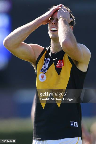 Trent Shinners of Werribee reacts after missing a goal during the VFL Semi Final match between Williamstown and Werribee at North Port Oval on...