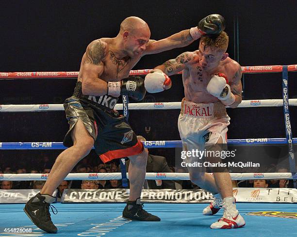 World champion Kiko Martinez of Spain lands a punch against Carl Frampton of Northern Ireland during their IBF super-bantamweight world title bout,...